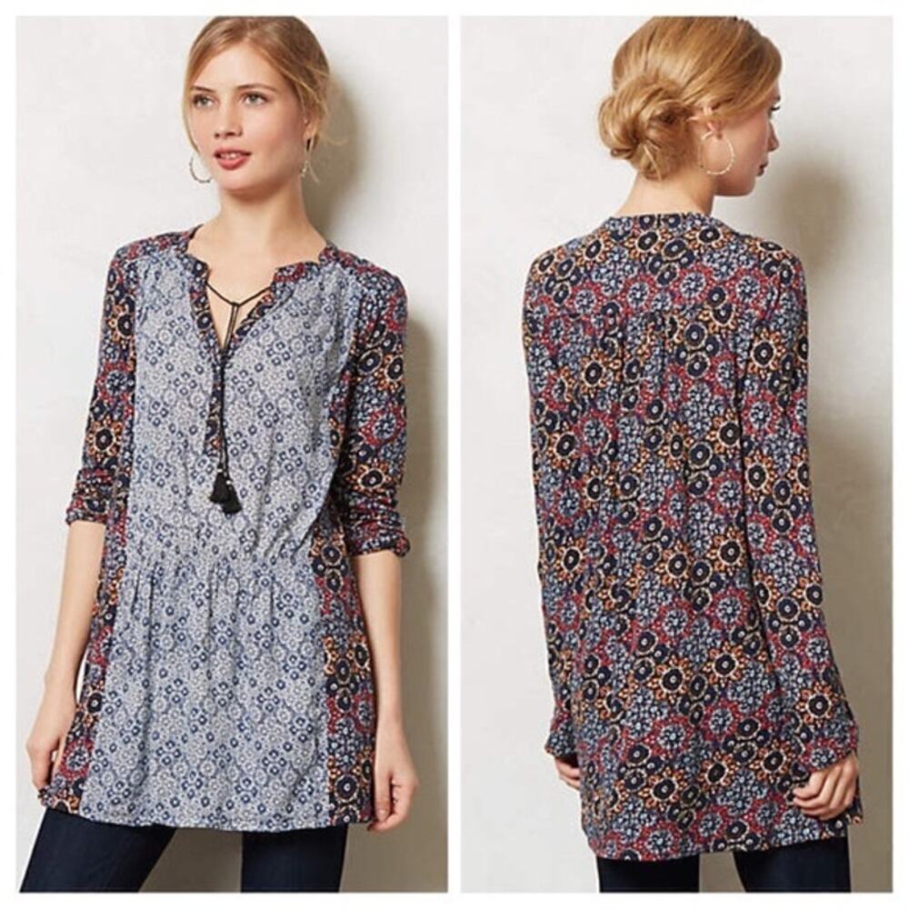 Anthropologie Akemi + Kin Humboldt Boho Floral Print Tunic Top Blue Red, Small